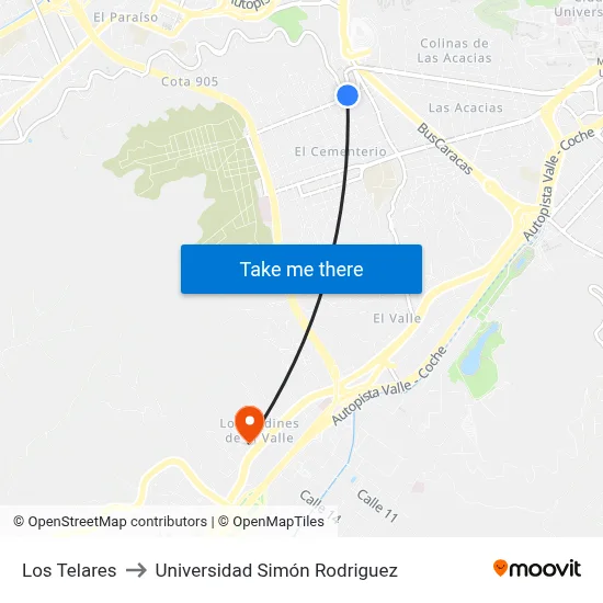 Los Telares to Universidad Simón Rodriguez map