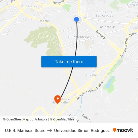 U.E.B. Mariscal Sucre to Universidad Simón Rodriguez map