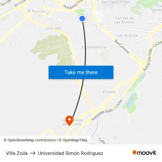 Villa Zoila to Universidad Simón Rodriguez map