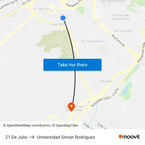 21 De Julio to Universidad Simón Rodriguez map