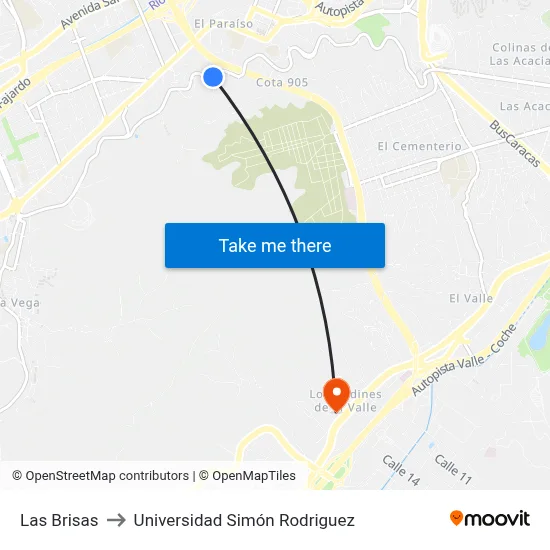 Las Brisas to Universidad Simón Rodriguez map