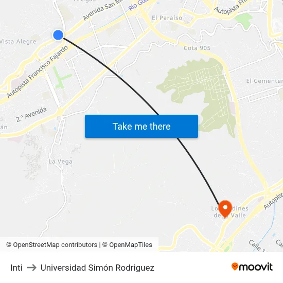 Inti to Universidad Simón Rodriguez map