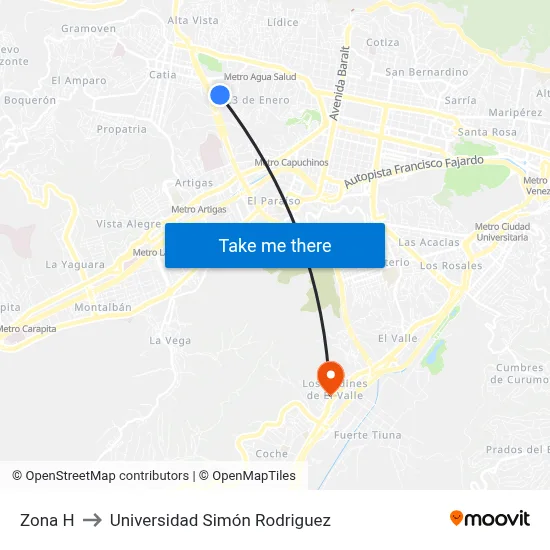 Zona H to Universidad Simón Rodriguez map