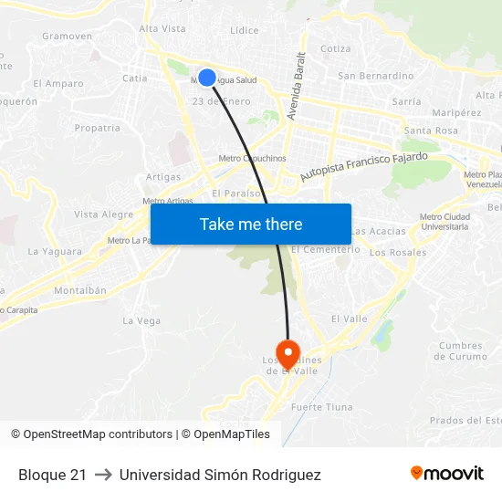 Bloque 21 to Universidad Simón Rodriguez map