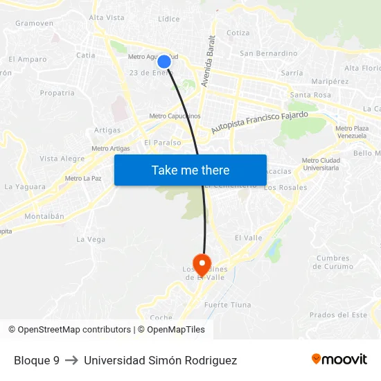 Bloque 9 to Universidad Simón Rodriguez map