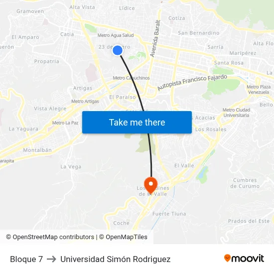 Bloque 7 to Universidad Simón Rodriguez map