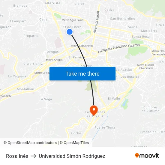 Rosa Inés to Universidad Simón Rodriguez map