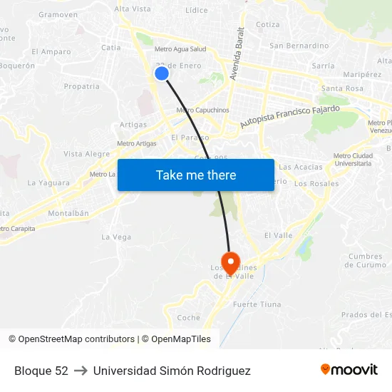 Bloque 52 to Universidad Simón Rodriguez map