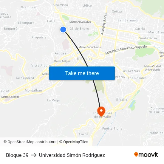 Bloque 39 to Universidad Simón Rodriguez map