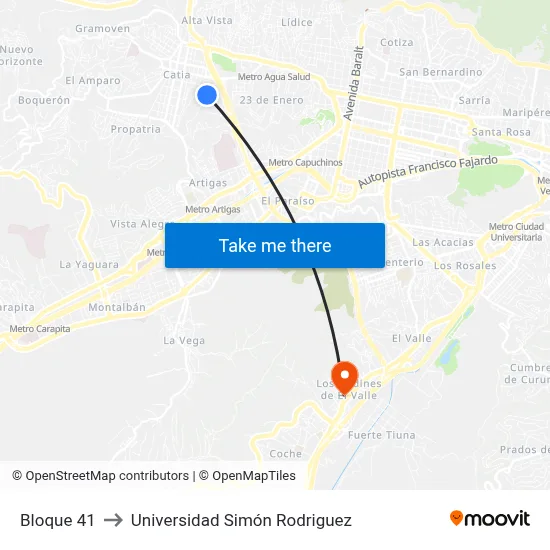 Bloque 41 to Universidad Simón Rodriguez map