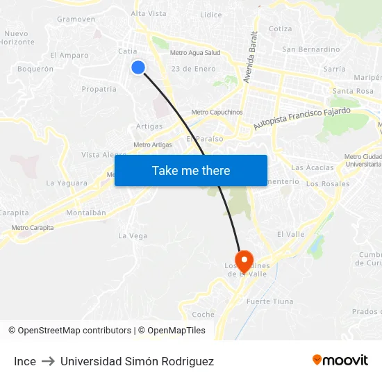 Ince to Universidad Simón Rodriguez map