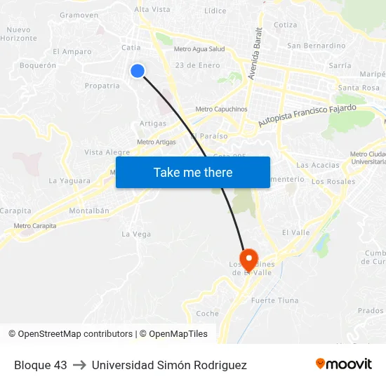 Bloque 43 to Universidad Simón Rodriguez map
