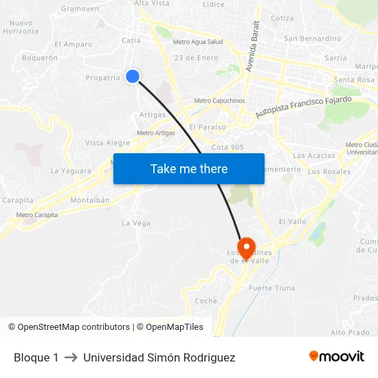 Bloque 1 to Universidad Simón Rodriguez map