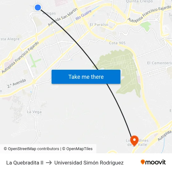 La Quebradita II to Universidad Simón Rodriguez map