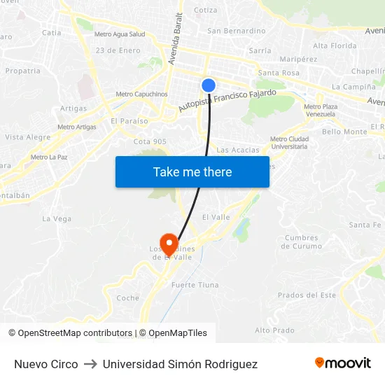 Nuevo Circo to Universidad Simón Rodriguez map