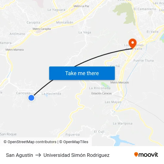 San Agustín to Universidad Simón Rodriguez map