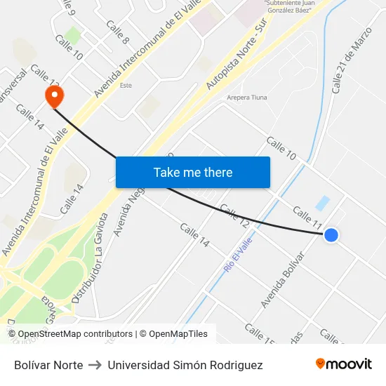 Bolívar Norte to Universidad Simón Rodriguez map
