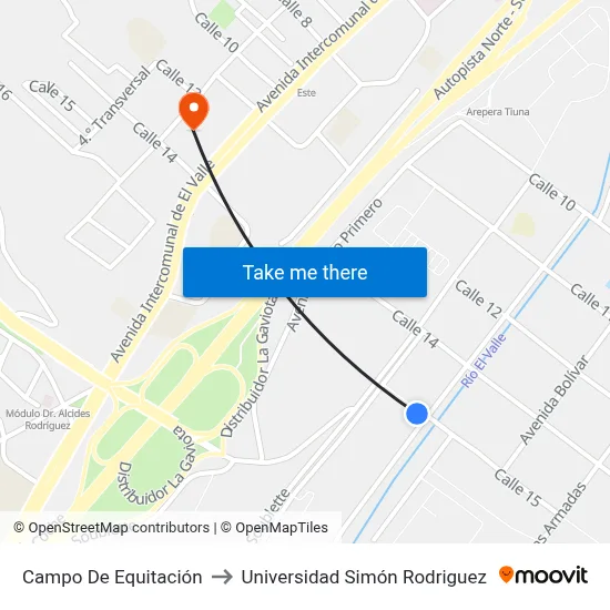 Campo De Equitación to Universidad Simón Rodriguez map