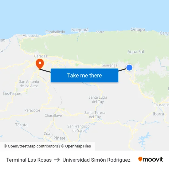 Terminal Las Rosas to Universidad Simón Rodriguez map