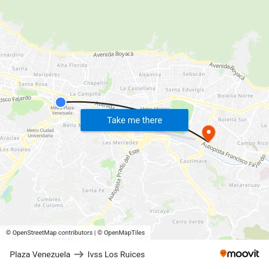 Plaza Venezuela to Ivss Los Ruices map