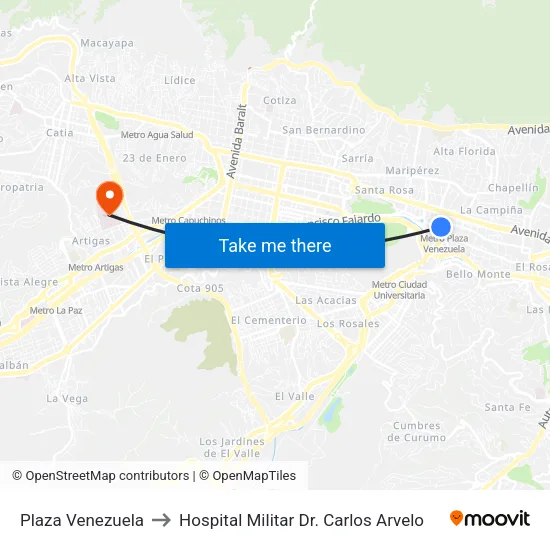 Plaza Venezuela to Hospital Militar Dr. Carlos Arvelo map