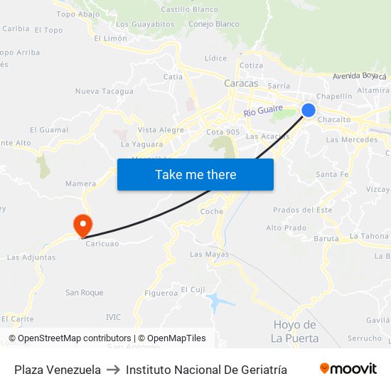 Plaza Venezuela to Instituto Nacional De Geriatría map