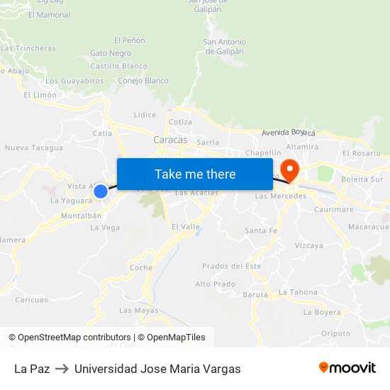 La Paz to Universidad Jose Maria Vargas map