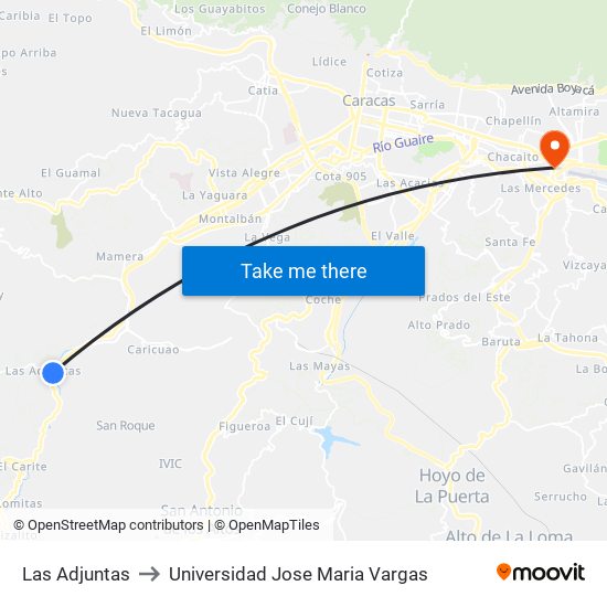 Las Adjuntas to Universidad Jose Maria Vargas map
