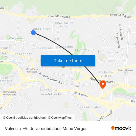 Valencia to Universidad Jose Maria Vargas map