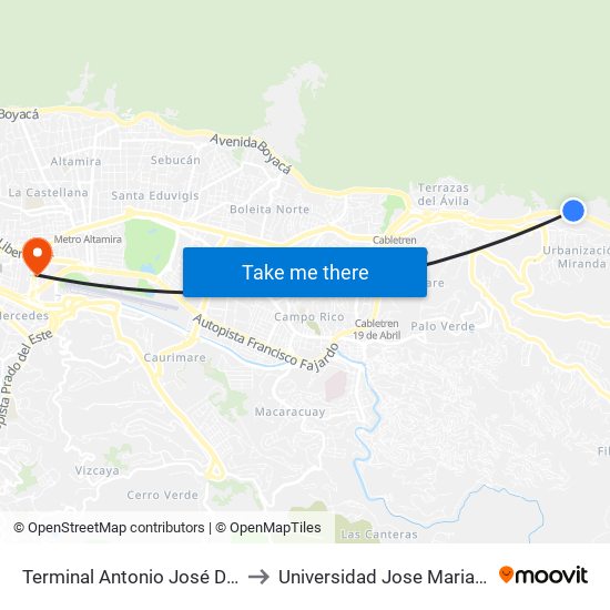 Terminal Antonio José De Sucre to Universidad Jose Maria Vargas map