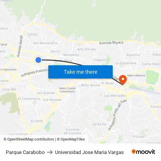 Parque Carabobo to Universidad Jose Maria Vargas map
