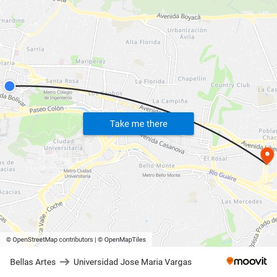 Bellas Artes to Universidad Jose Maria Vargas map