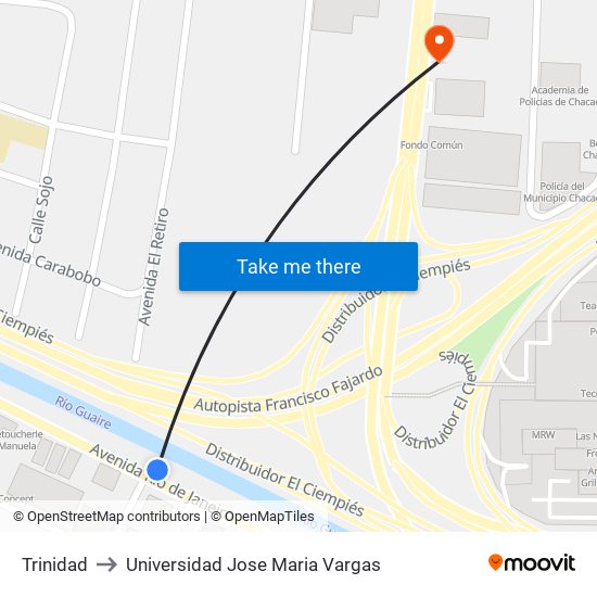 Trinidad to Universidad Jose Maria Vargas map