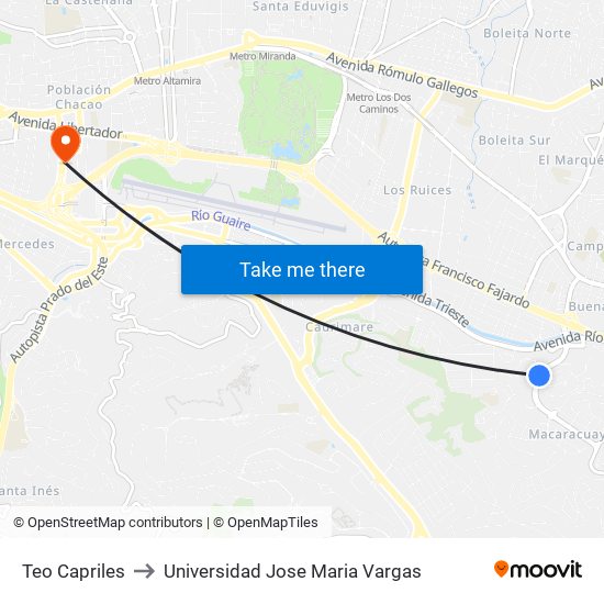 Teo Capriles to Universidad Jose Maria Vargas map