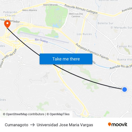 Cumanagoto to Universidad Jose Maria Vargas map