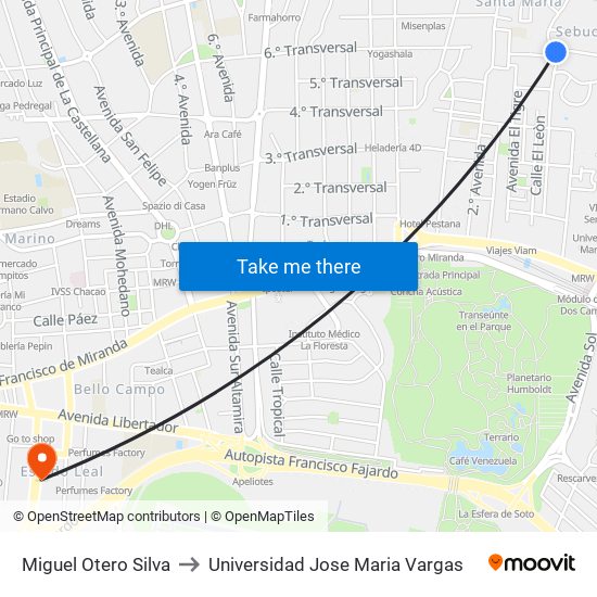 Miguel Otero Silva to Universidad Jose Maria Vargas map