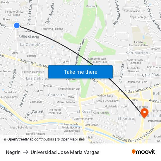 Negrín to Universidad Jose Maria Vargas map