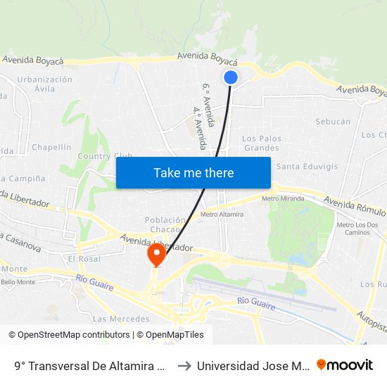 9° Transversal De Altamira X Av. Luis Roche to Universidad Jose Maria Vargas map