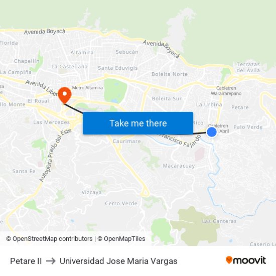 Petare II to Universidad Jose Maria Vargas map