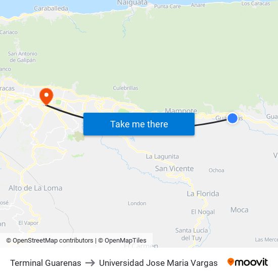 Terminal Guarenas to Universidad Jose Maria Vargas map