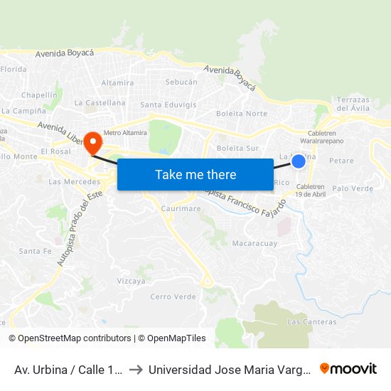 Av. Urbina / Calle 1-3 to Universidad Jose Maria Vargas map
