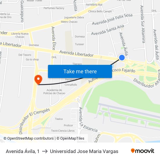 Avenida Ávila, 1 to Universidad Jose Maria Vargas map