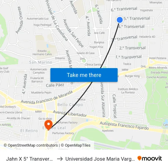Jahn X 5° Transversal to Universidad Jose Maria Vargas map