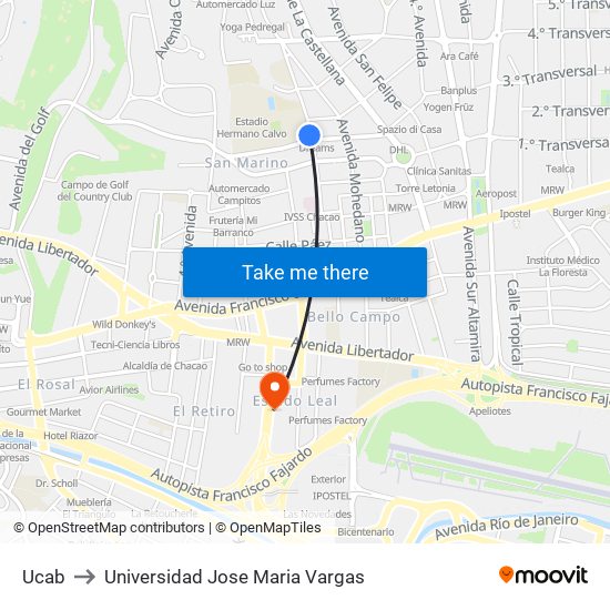 Ucab to Universidad Jose Maria Vargas map