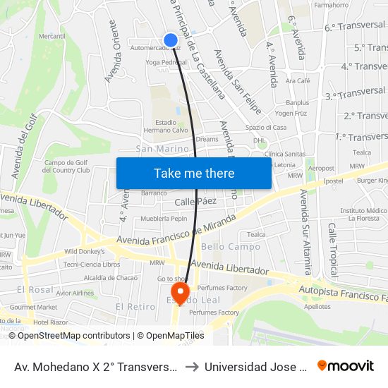 Av. Mohedano X 2° Transversal De La Castellana to Universidad Jose Maria Vargas map