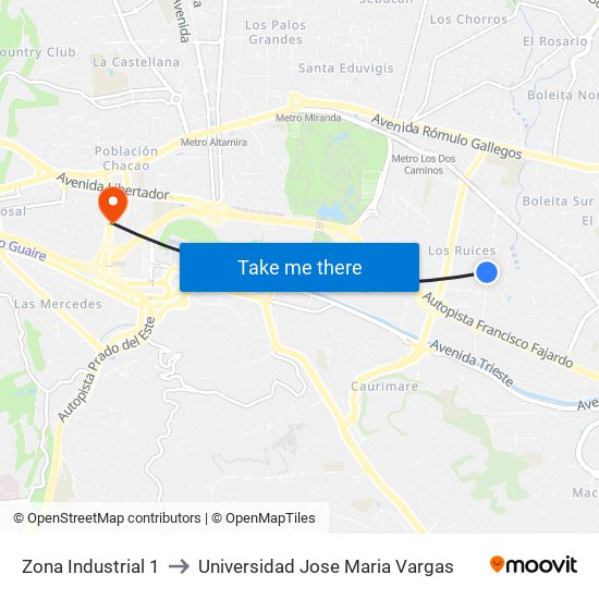 Zona Industrial 1 to Universidad Jose Maria Vargas map