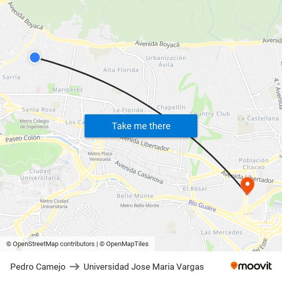 Pedro Camejo to Universidad Jose Maria Vargas map