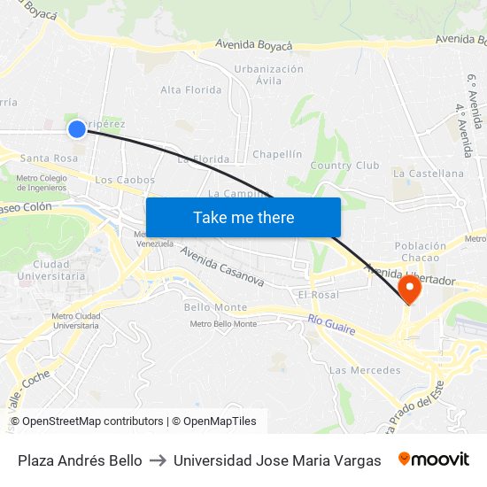 Plaza Andrés Bello to Universidad Jose Maria Vargas map