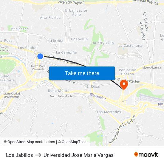 Los Jabillos to Universidad Jose Maria Vargas map