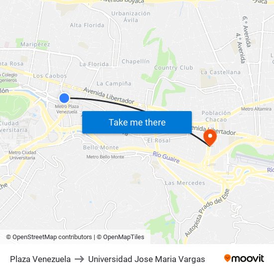 Plaza Venezuela to Universidad Jose Maria Vargas map